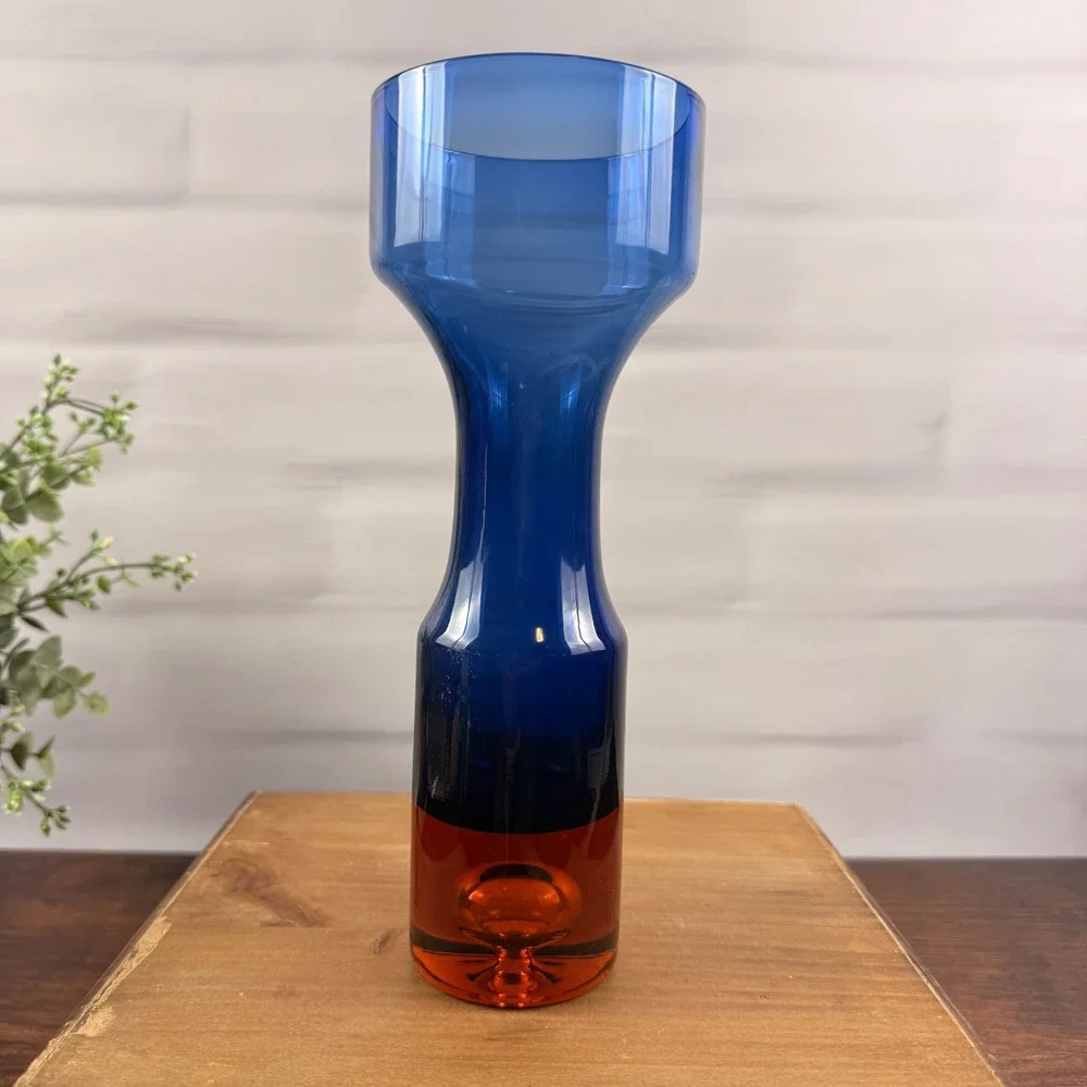 Aseda B5/610-B Bo Borgstrom Swedish Art Glass Vase Blue Orange MCM